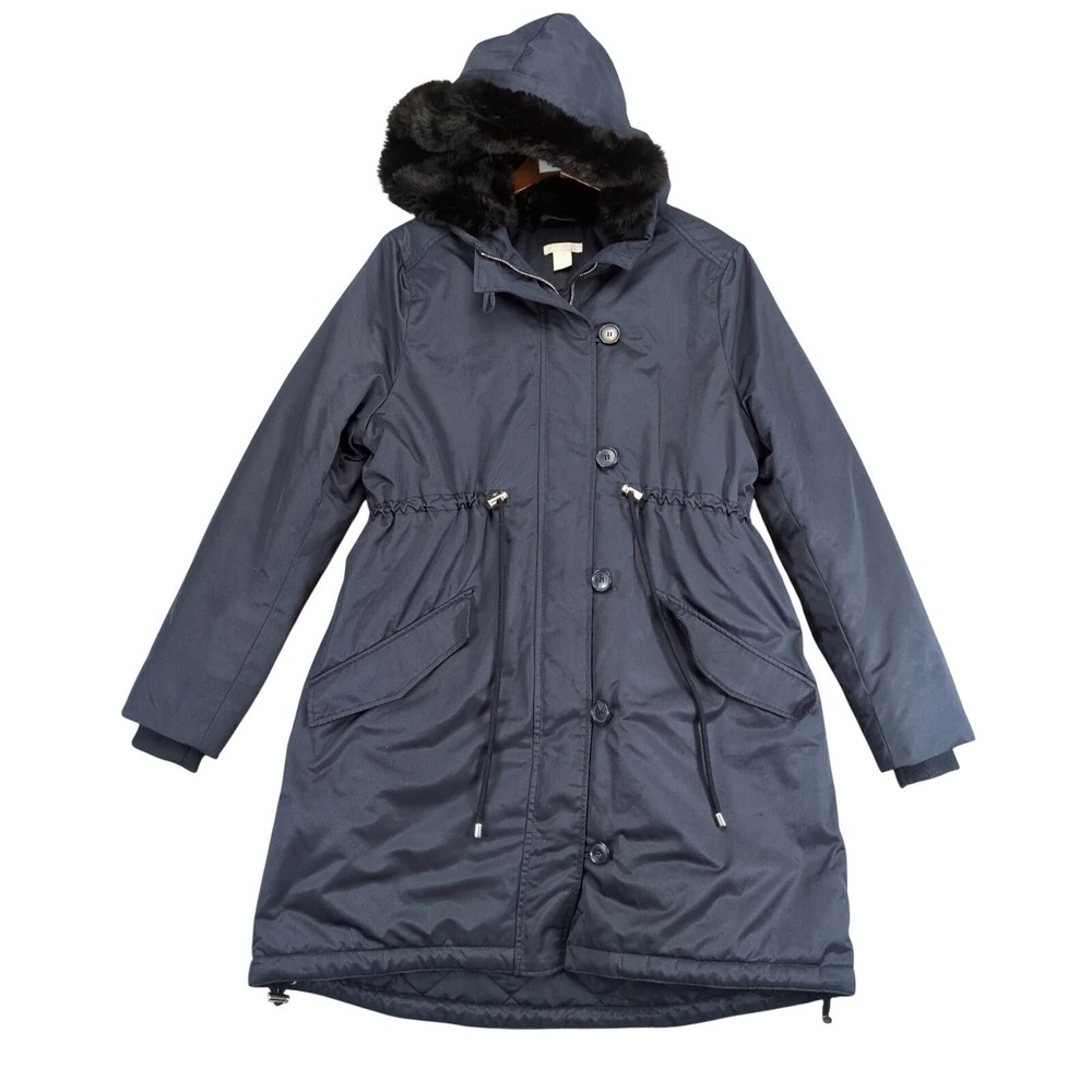 H&M Navy Parka Coat Womens Maternity M Faux Fur Hood Drawstring Waist Outdoor